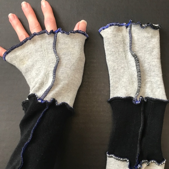 Handmade Arm Warmers Black Patchwork Gloves Gray Recycled Armwarmers Mens Y2k - Picture 3 of 6